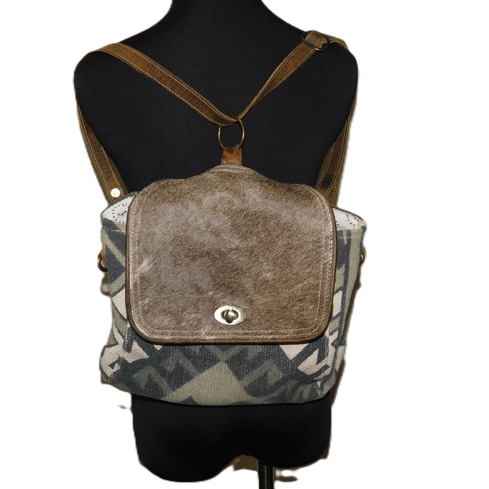Myra Bag Stormy Love Shoulder Backpack Crossbody Canvas, Leather, Cowhide